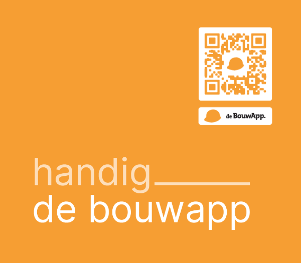 QR-code op oranje achtergrond met tekst 'handig, de bouwapp'
